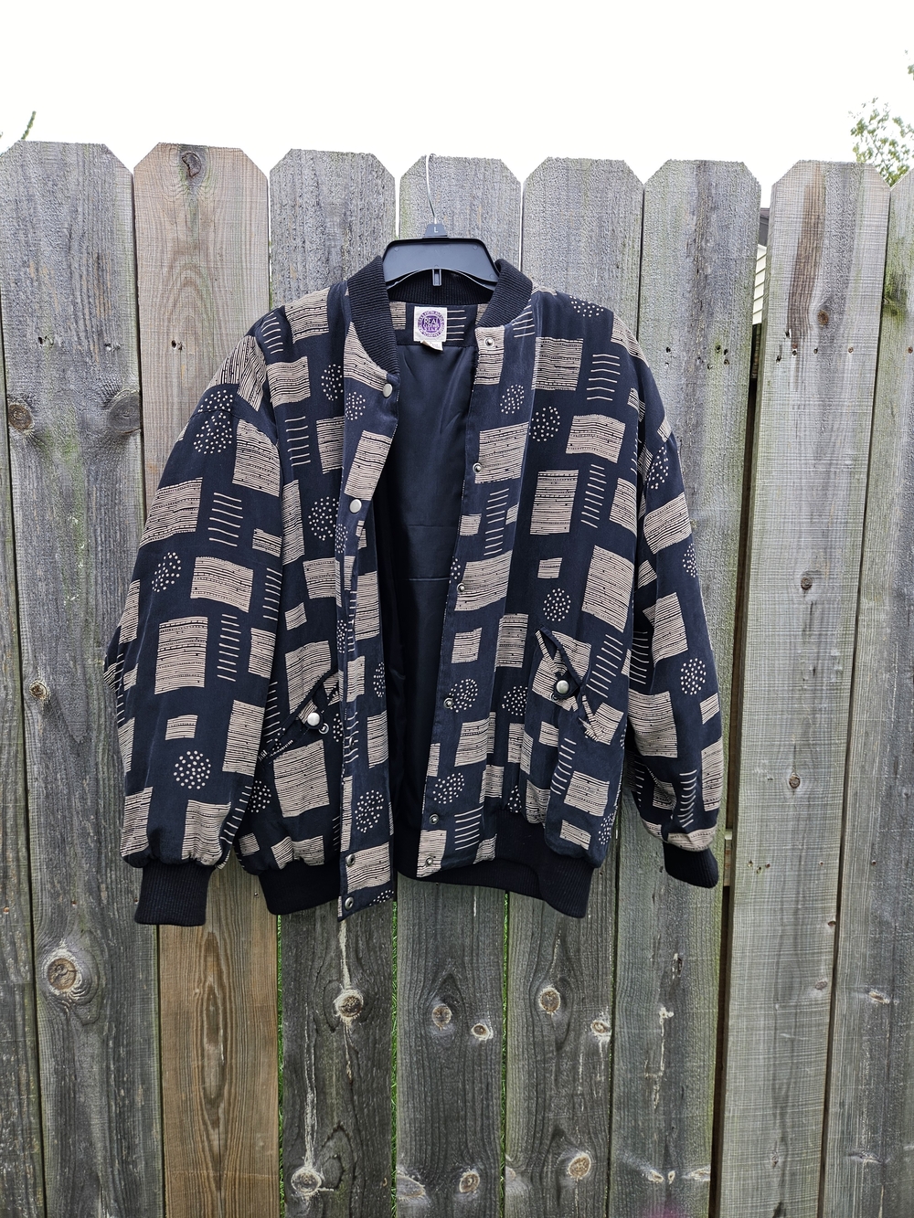 Vintage 80s Black & Tan Patterned Bomber Jacket Saks Fifth Ave. 100%silk Men's L